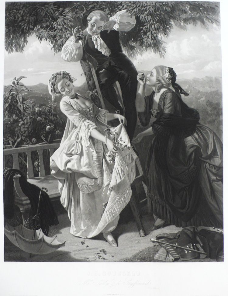 J.J.Rousseau e Mlles Galley e de Graffenried grande incisione del XIX secolo