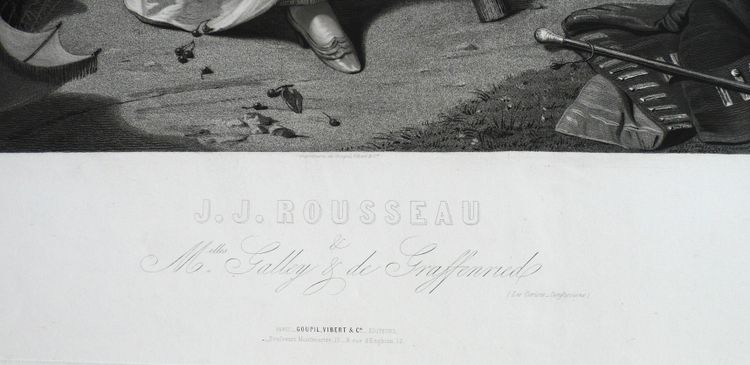J.J.Rousseau e Mlles Galley e de Graffenried grande incisione del XIX secolo
