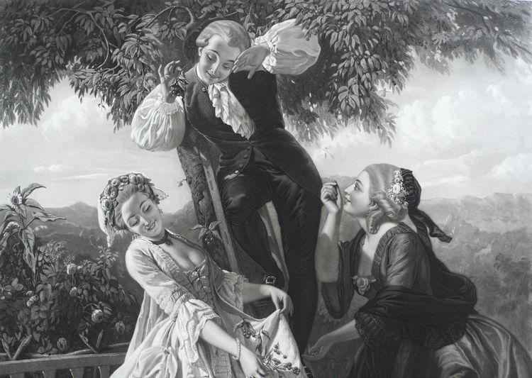 J.J.Rousseau e Mlles Galley e de Graffenried grande incisione del XIX secolo
