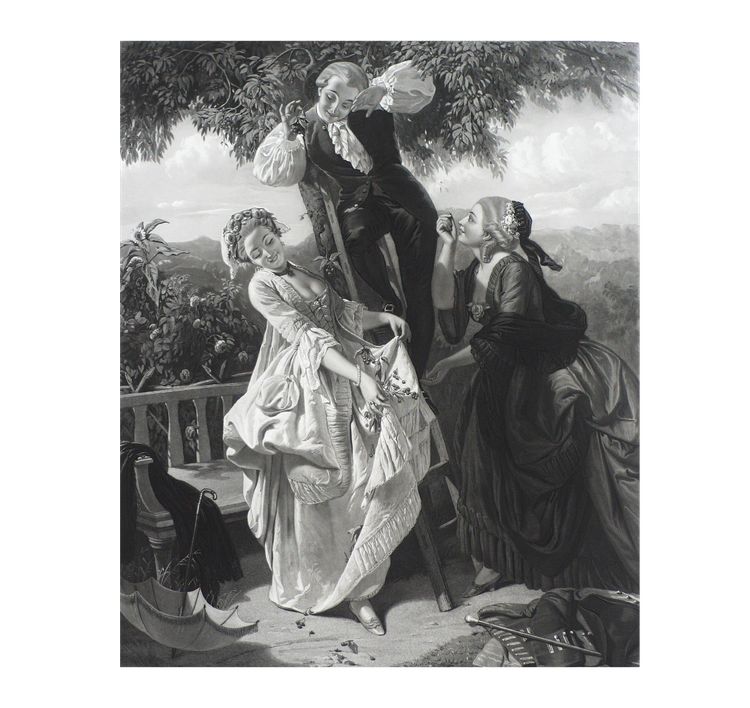 J.J.Rousseau e Mlles Galley e de Graffenried grande incisione del XIX secolo