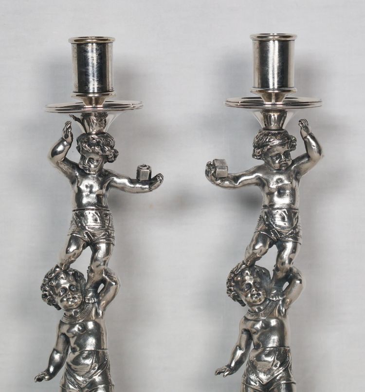 Pair of silver-plated bronze candlesticks signed Alphonse Giroux Paris