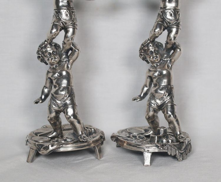 Pair of silver-plated bronze candlesticks signed Alphonse Giroux Paris
