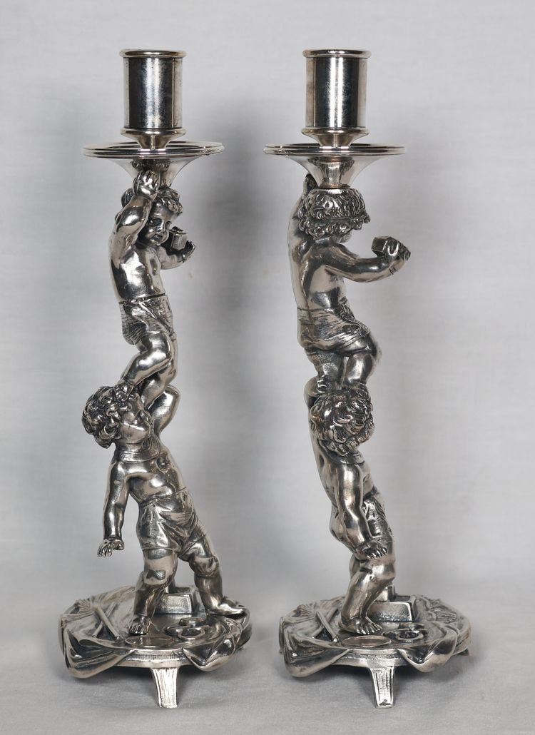 Pair of silver-plated bronze candlesticks signed Alphonse Giroux Paris