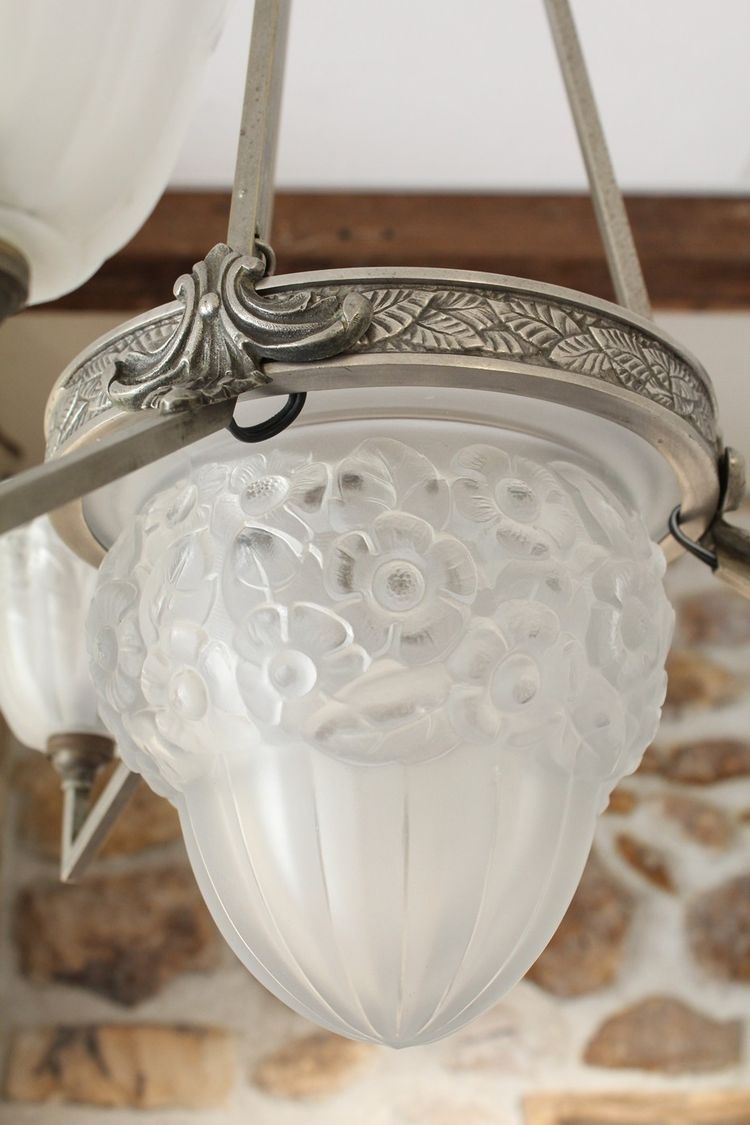 Lampadario Art Déco a 3 luci in vetro e metallo, circa 1930