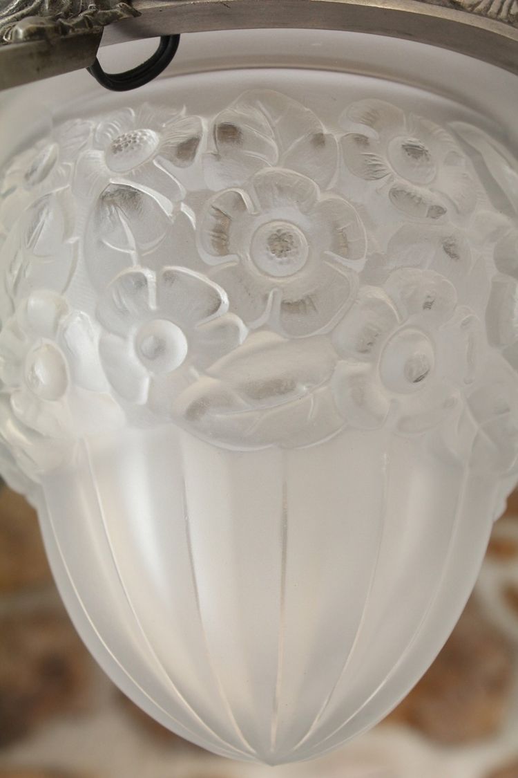 Lampadario Art Déco a 3 luci in vetro e metallo, circa 1930