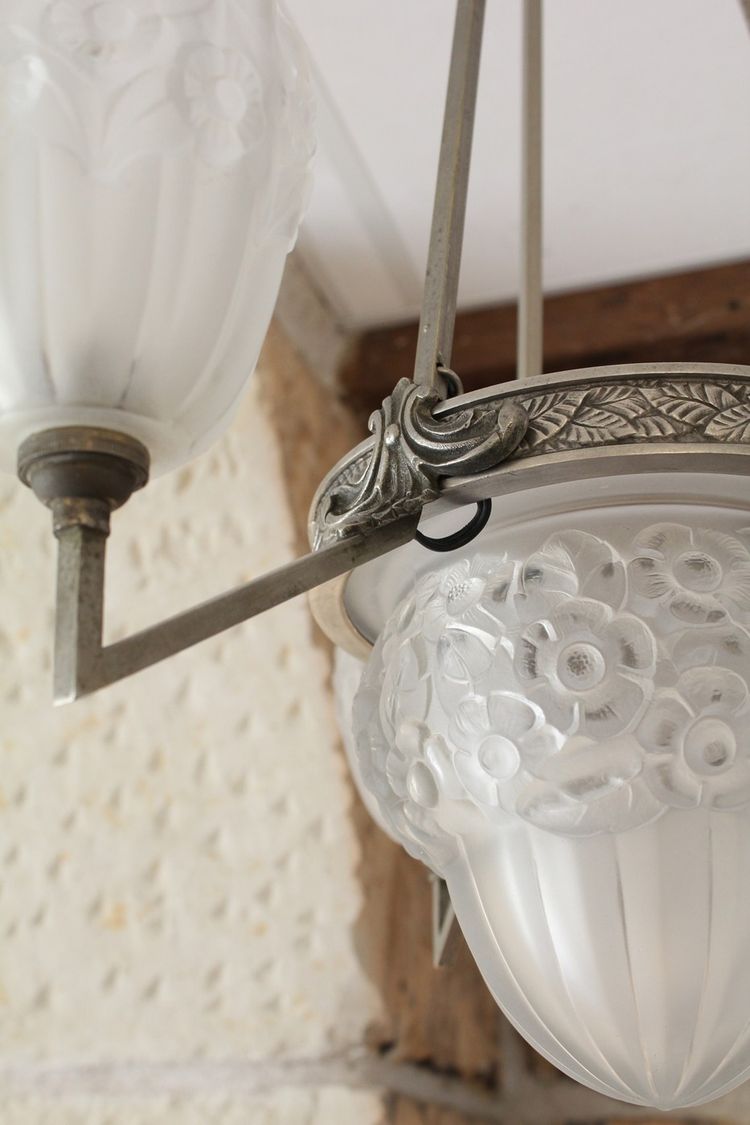 Lampadario Art Déco a 3 luci in vetro e metallo, circa 1930