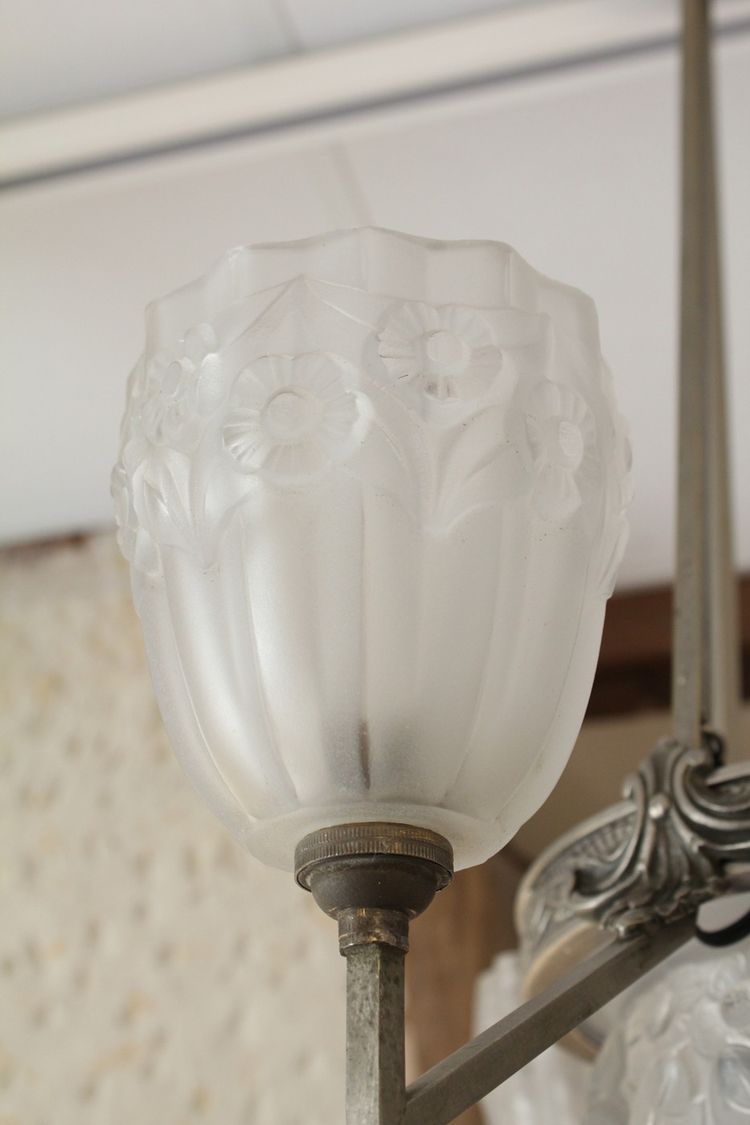 Lampadario Art Déco a 3 luci in vetro e metallo, circa 1930