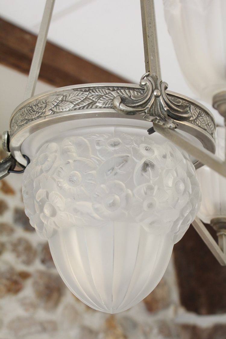 Lampadario Art Déco a 3 luci in vetro e metallo, circa 1930