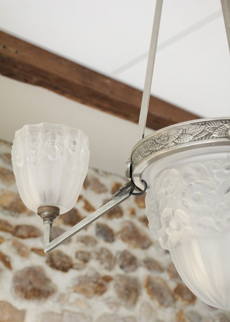 Lampadario Art Déco a 3 luci in vetro e metallo, circa 1930