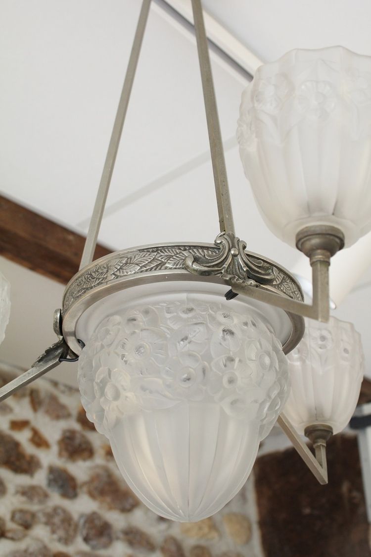 Lampadario Art Déco a 3 luci in vetro e metallo, circa 1930