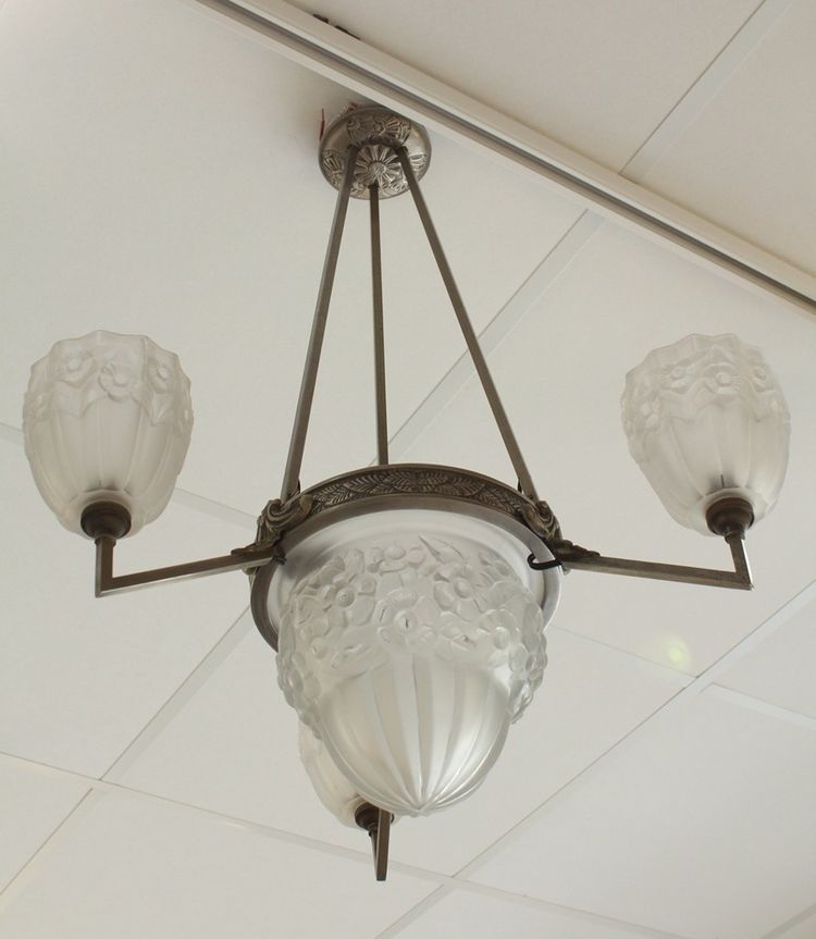 Lampadario Art Déco a 3 luci in vetro e metallo, circa 1930