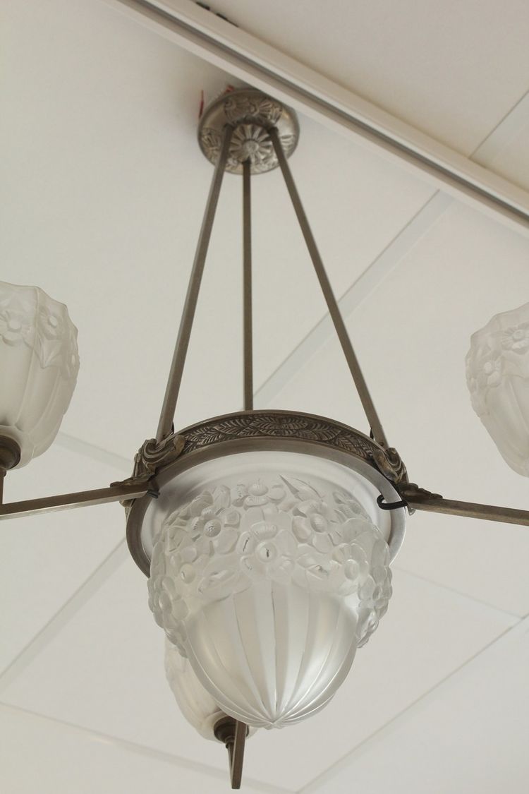 Lampadario Art Déco a 3 luci in vetro e metallo, circa 1930