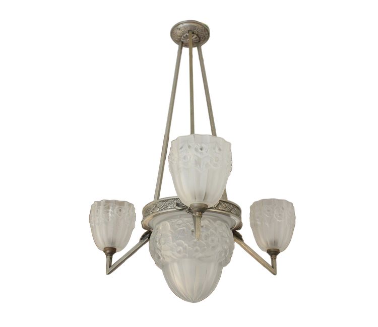 Lampadario Art Déco a 3 luci in vetro e metallo, circa 1930