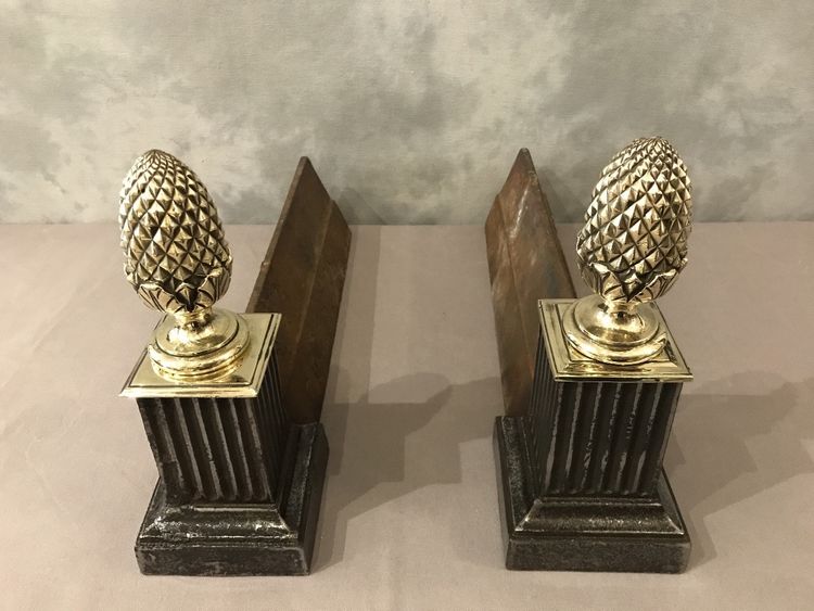 Coppia di alari in ghisa e bronzo del XIX secolo