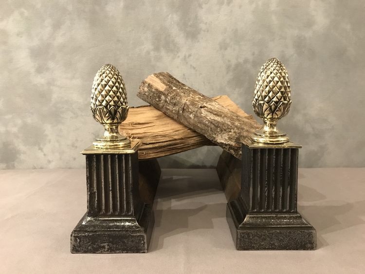 Coppia di alari in ghisa e bronzo del XIX secolo