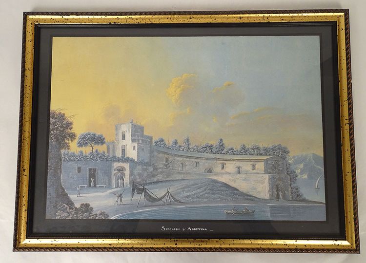 Série 8 gouaches napolitaines paysages éruption Vésuve Fusaro Naples XIXème