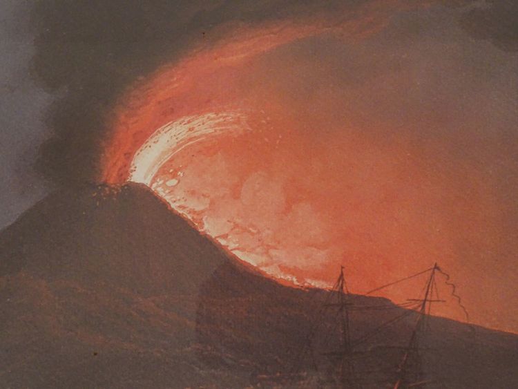 Série 8 gouaches napolitaines paysages éruption Vésuve Fusaro Naples XIXème