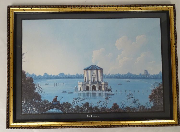 Série 8 gouaches napolitaines paysages éruption Vésuve Fusaro Naples XIXème