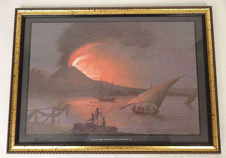 Série 8 gouaches napolitaines paysages éruption Vésuve Fusaro Naples XIXème