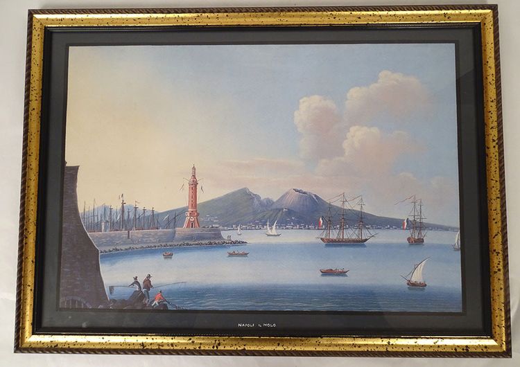 Série 8 gouaches napolitaines paysages éruption Vésuve Fusaro Naples XIXème