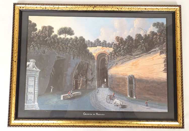 Série 8 gouaches napolitaines paysages éruption Vésuve Fusaro Naples XIXème