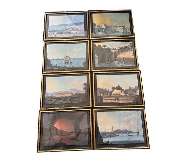 Série 8 gouaches napolitaines paysages éruption Vésuve Fusaro Naples XIXème