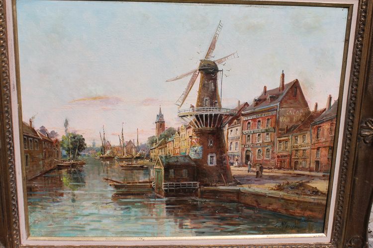 Gustave Mascart oil on canvas landscape of a fishing port in Holland 19th century