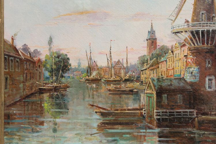 Gustave Mascart oil on canvas landscape of a fishing port in Holland 19th century