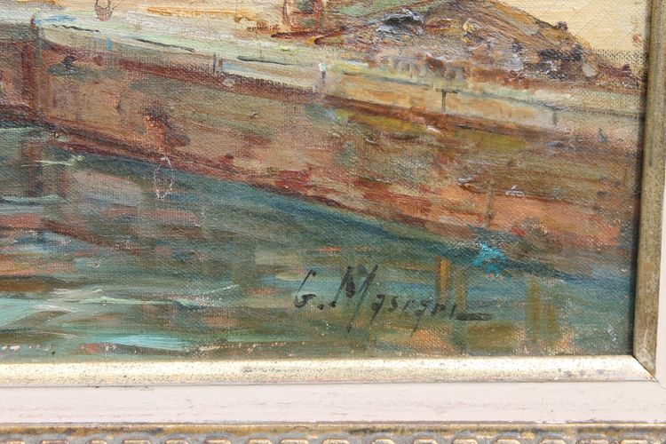 Gustave Mascart oil on canvas landscape of a fishing port in Holland 19th century
