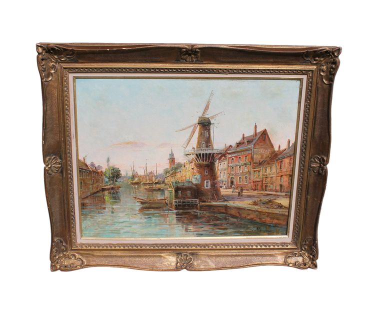 Gustave Mascart oil on canvas landscape of a fishing port in Holland 19th century