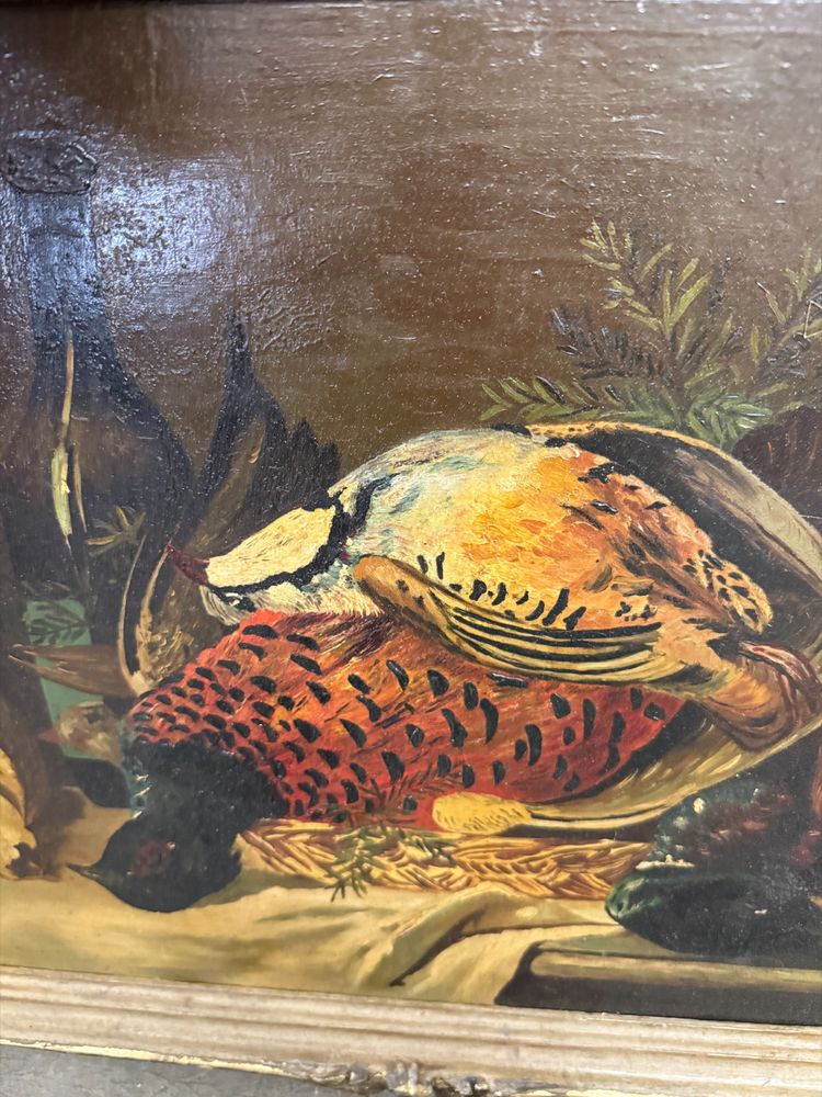 Huile sur panneau ancienne représentant nature morte et gibier 1940, 42x51cm