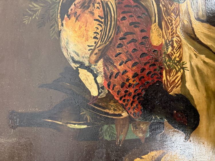 Huile sur panneau ancienne représentant nature morte et gibier 1940, 42x51cm