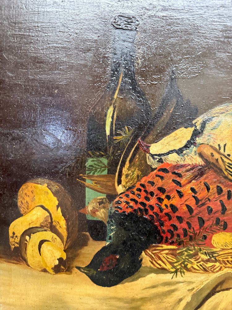 Huile sur panneau ancienne représentant nature morte et gibier 1940, 42x51cm
