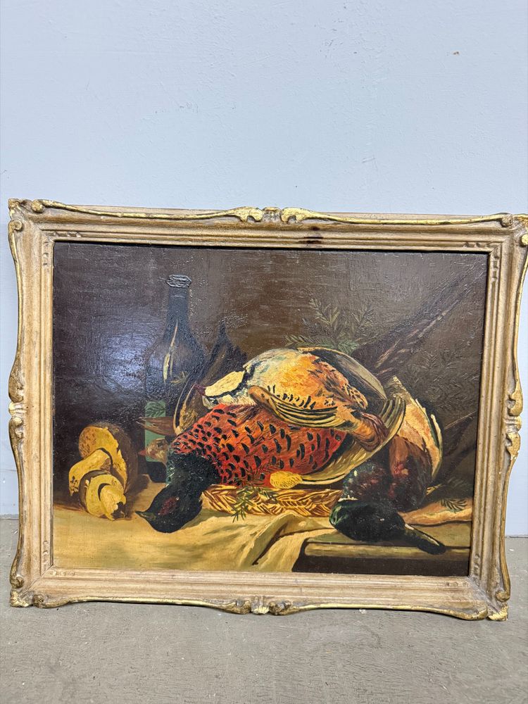 Huile sur panneau ancienne représentant nature morte et gibier 1940, 42x51cm