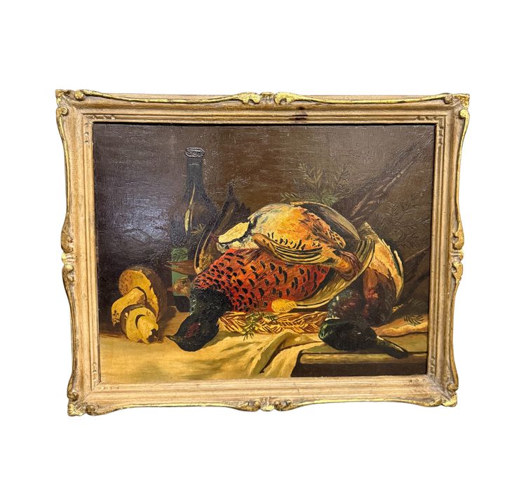Huile sur panneau ancienne représentant nature morte et gibier 1940, 42x51cm