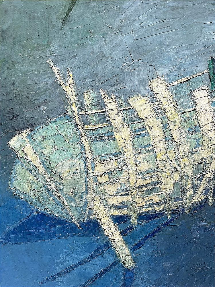 Mara Rucki, née en 1920, Tableau "La Barque Bleue", Années 1970.