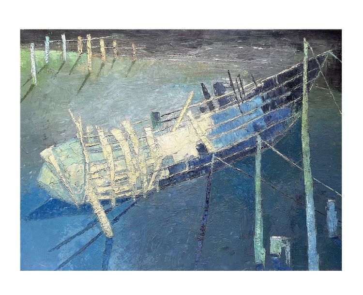 Mara Rucki, née en 1920, Tableau "La Barque Bleue", Années 1970.
