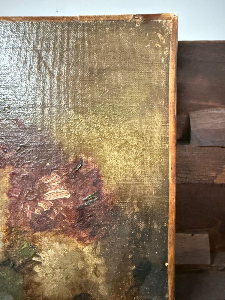 Antikes kleines Ölgemälde auf Leinwand Stillleben XIX, 29x39cm