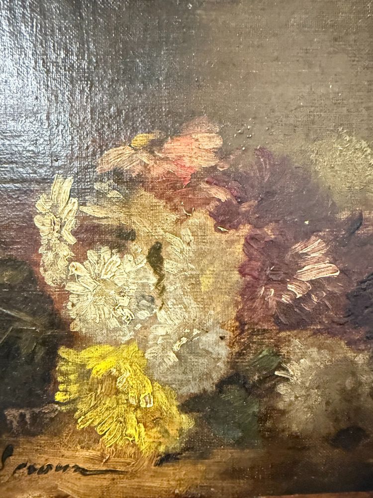 Antikes kleines Ölgemälde auf Leinwand Stillleben XIX, 29x39cm