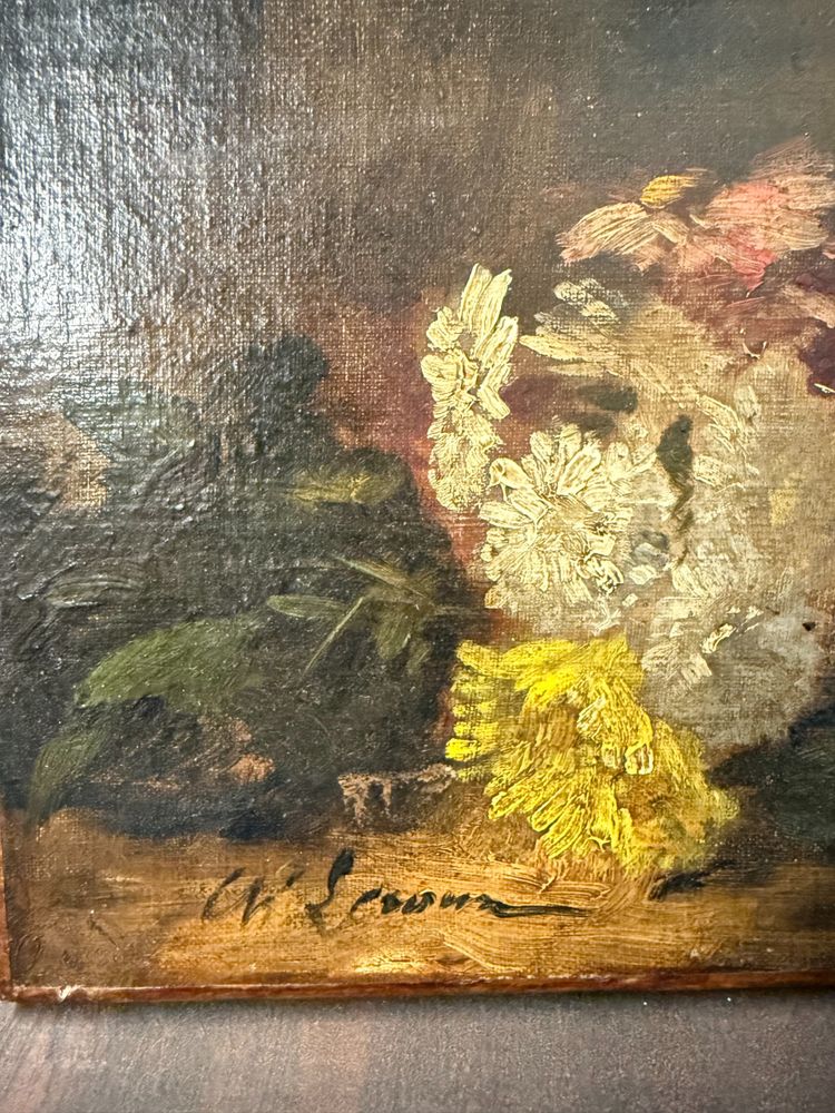 Antikes kleines Ölgemälde auf Leinwand Stillleben XIX, 29x39cm