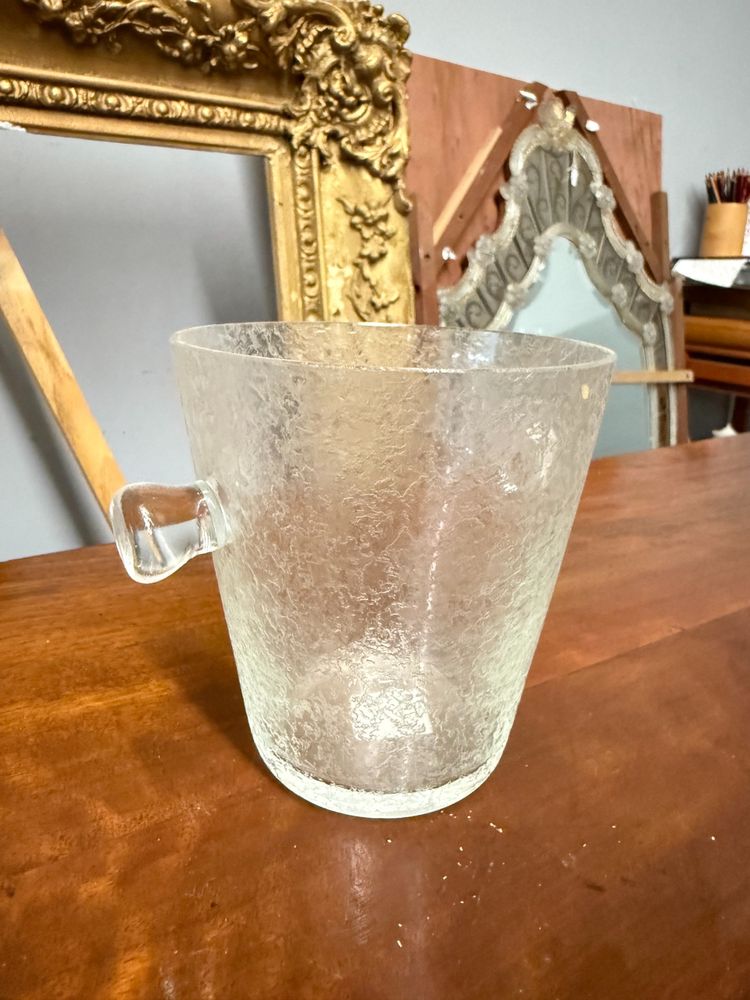 Pair of crystal vases, one ice-coloured, the other amaranth, 1970s ice bucket, 14x18cm