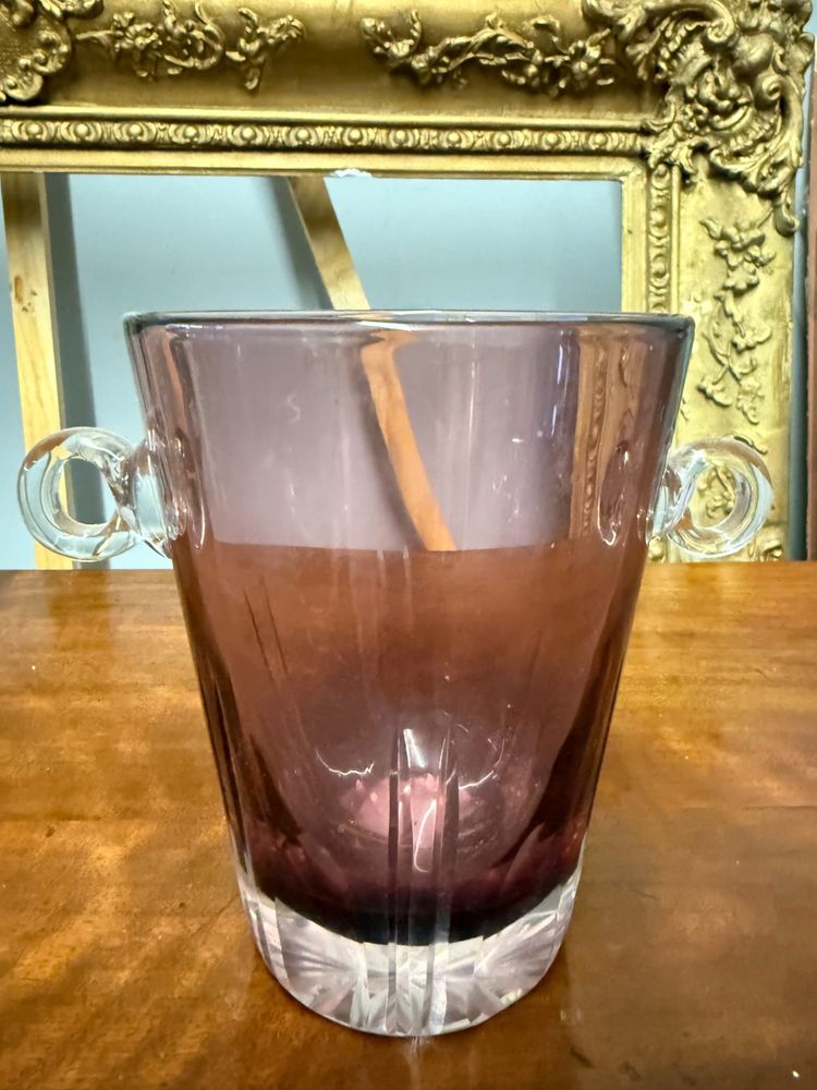 Pair of crystal vases, one ice-coloured, the other amaranth, 1970s ice bucket, 14x18cm