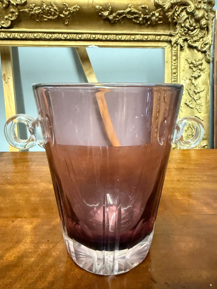 Pair of crystal vases, one ice-coloured, the other amaranth, 1970s ice bucket, 14x18cm