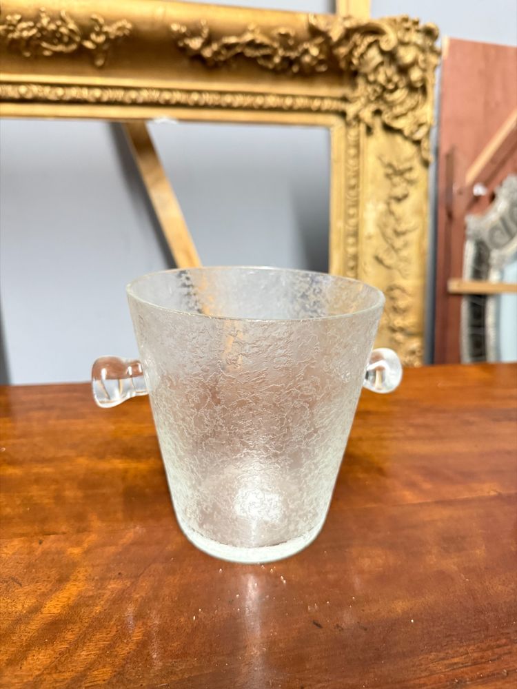 Pair of crystal vases, one ice-coloured, the other amaranth, 1970s ice bucket, 14x18cm