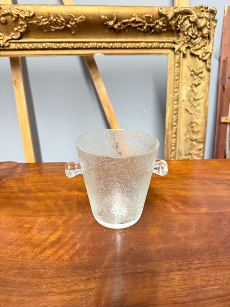 Pair of crystal vases, one ice-coloured, the other amaranth, 1970s ice bucket, 14x18cm