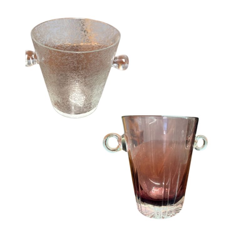 Pair of crystal vases, one ice-coloured, the other amaranth, 1970s ice bucket, 14x18cm