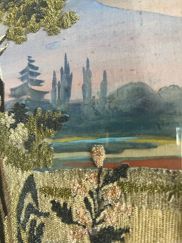Tableau "Tribut de reconnaissance" broderie et peinture XIX° siècle