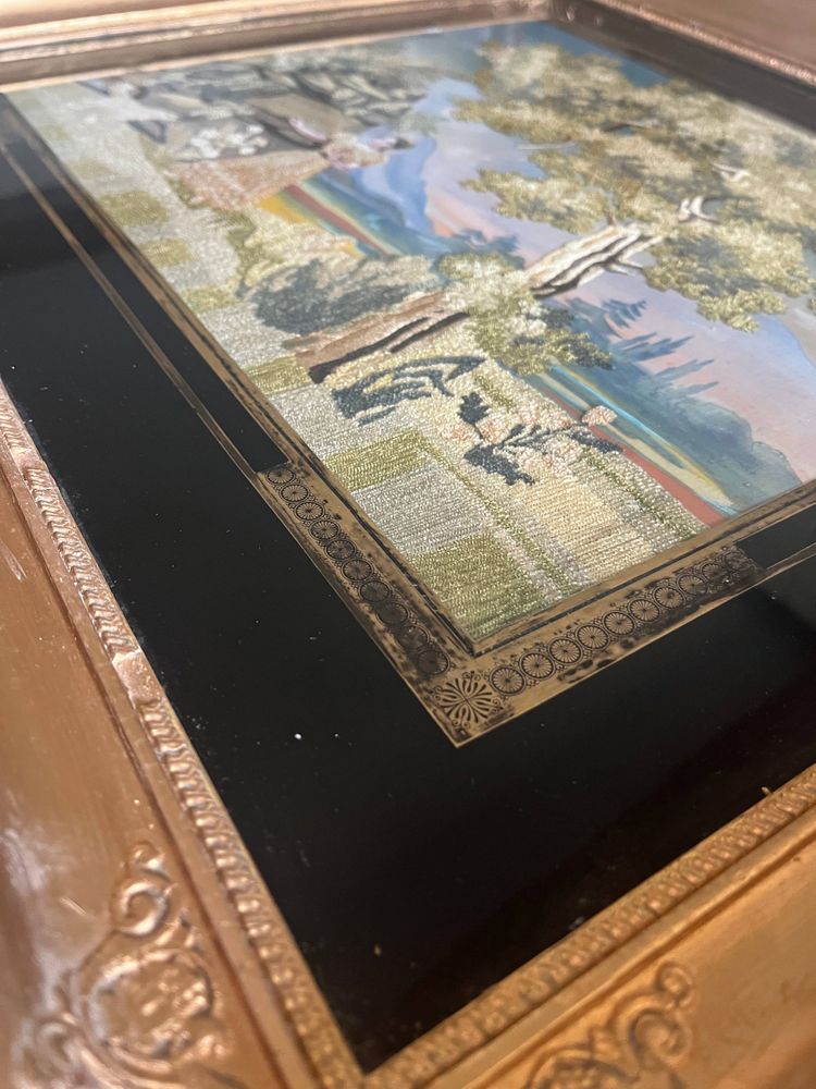 Tableau "Tribut de reconnaissance" broderie et peinture XIX° siècle