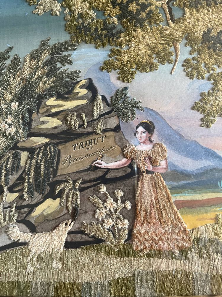 Tableau "Tribut de reconnaissance" broderie et peinture XIX° siècle