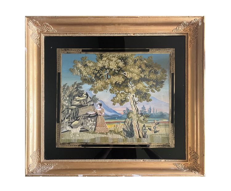 Tableau "Tribut de reconnaissance" broderie et peinture XIX° siècle